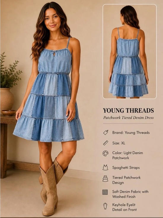 Young Threads Dresses & Skirts - Young Threads Light Denim Patchwork Tiered Mini Dress